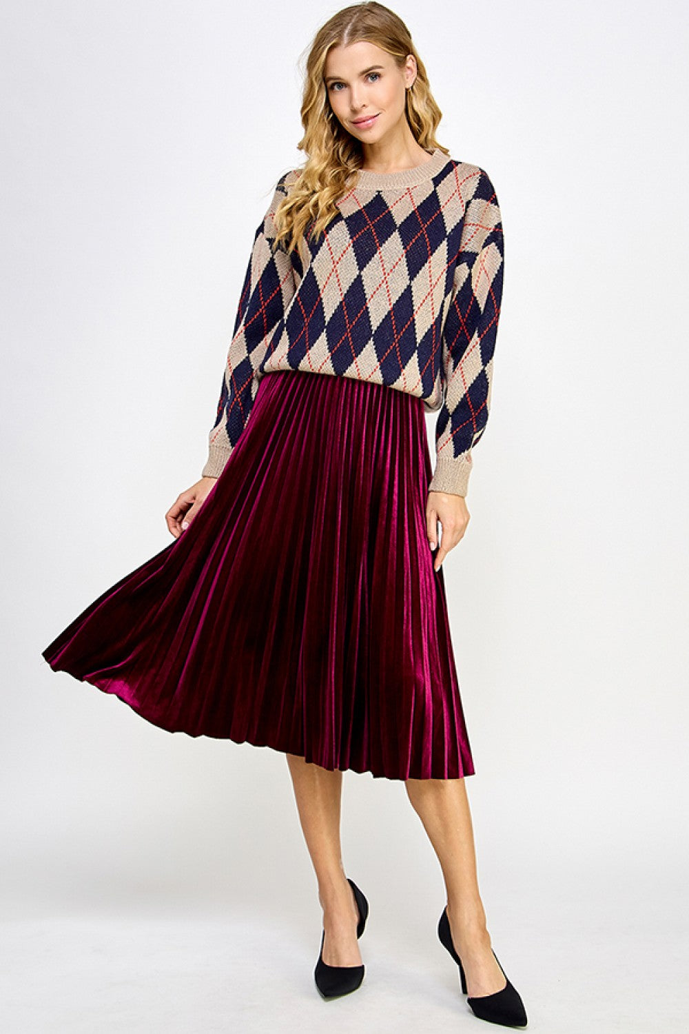 Sale Velvet Pleats Skirt Burgundy