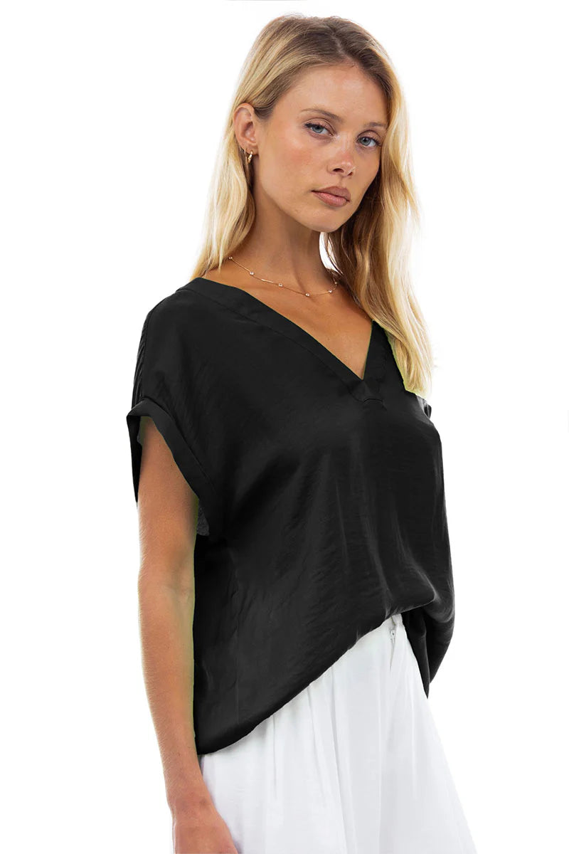 V-Neck Drop Sleeve Top Black