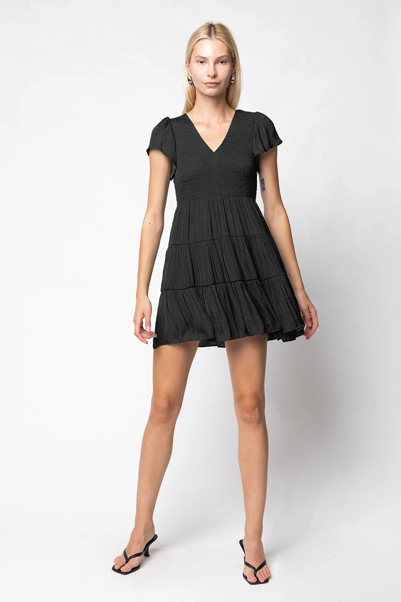 Sale Short Sleeve Smocked Tiered Dress Black