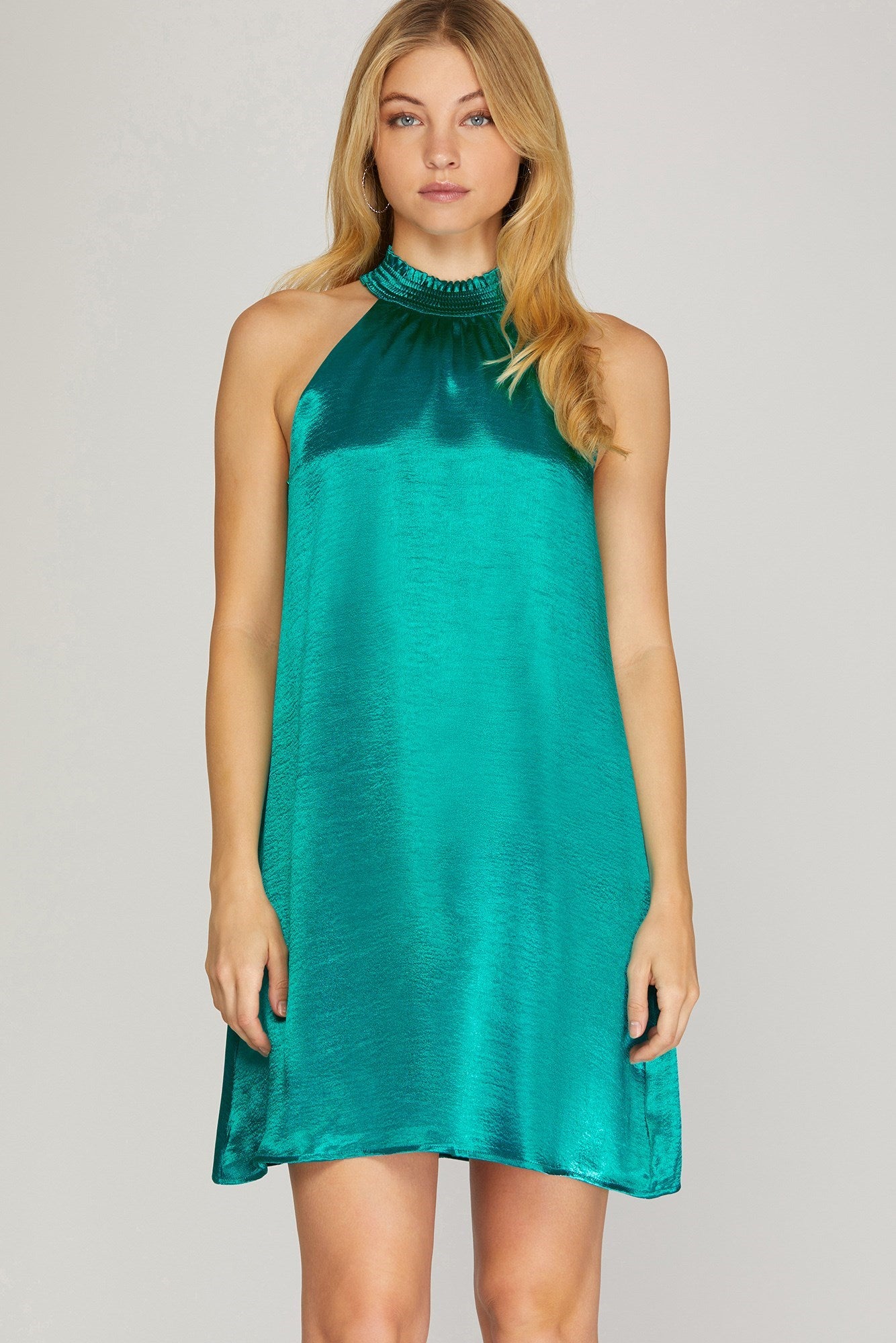 Final Sale Smocked Halter Neck Satin Dress