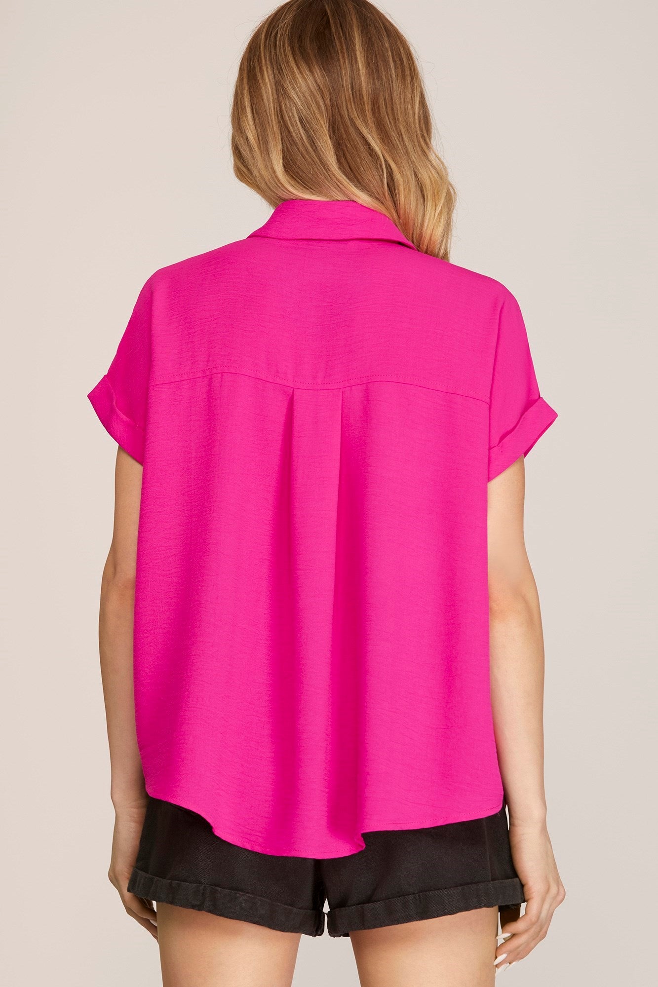 Sale Drop Shoulder Collared Top Hot Pink