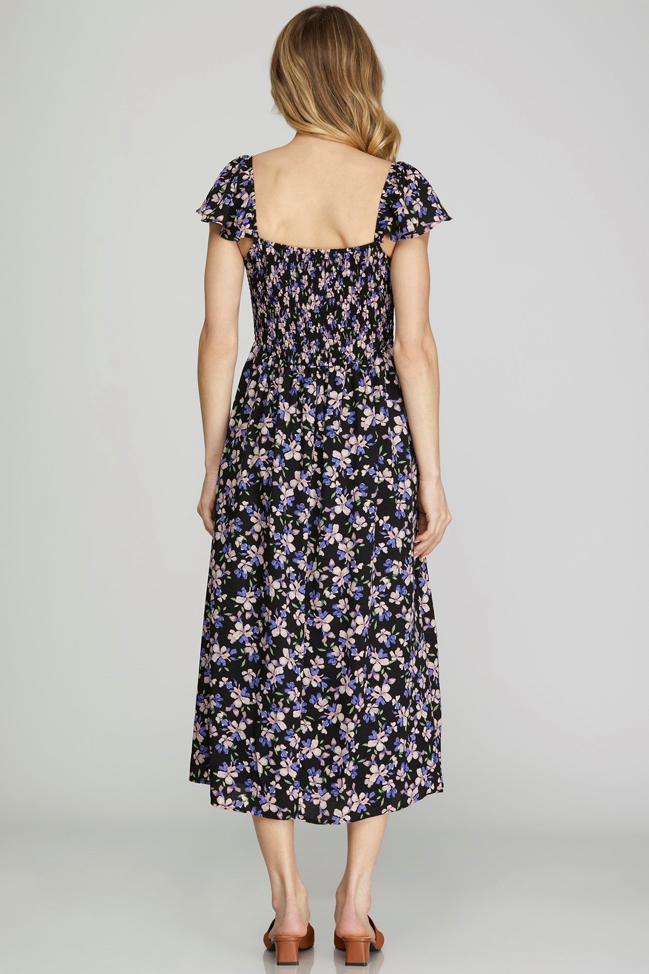 Final Sale Flutter Sleeve Floral Print Center Slit Midi Dress