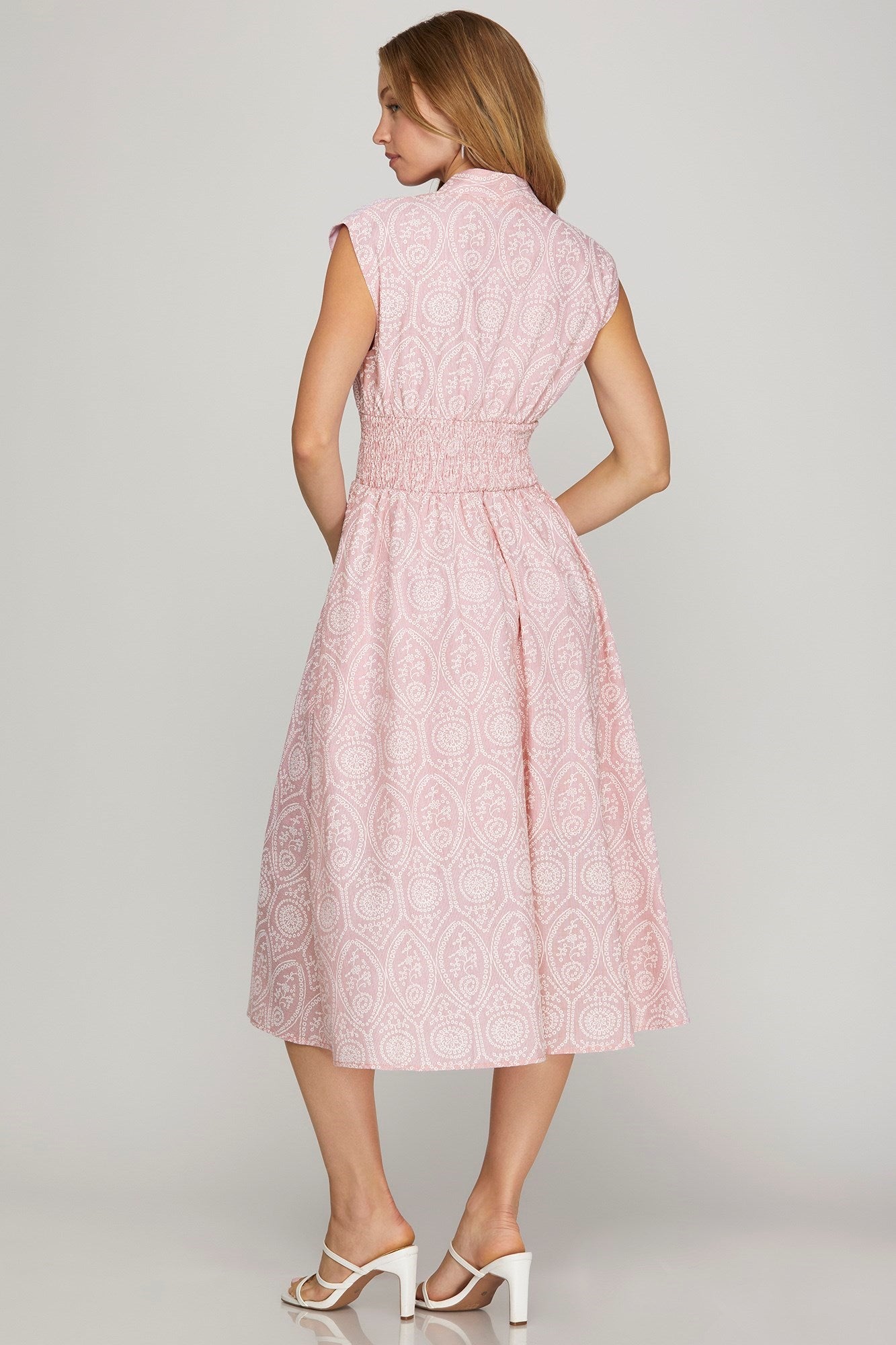 Final Sale Drop Shoulder Smocked Waist Front Zip Eyelet Printed Midi Dress