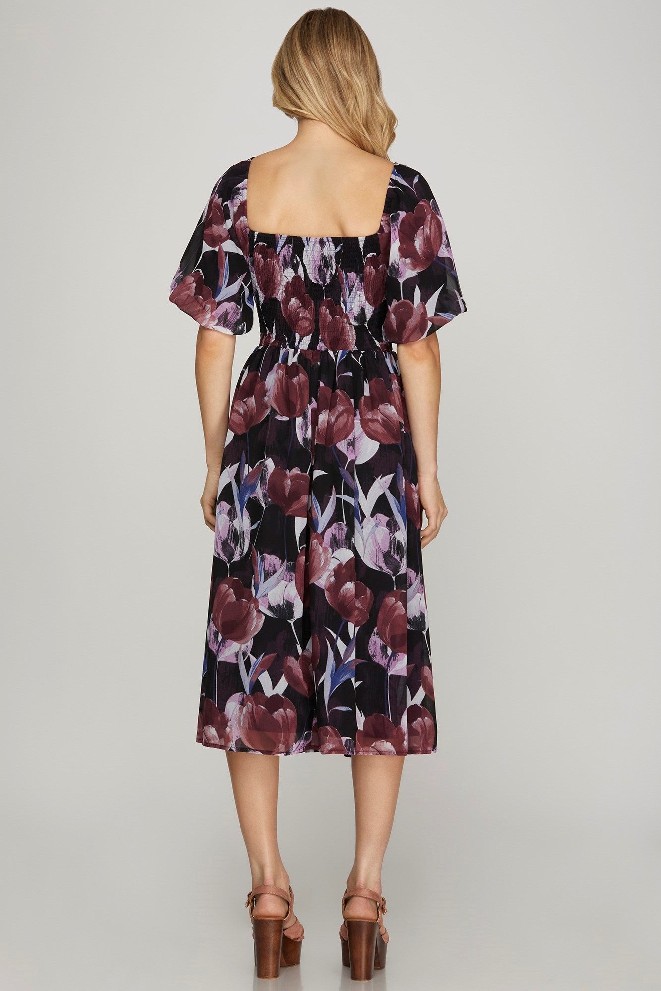 Sale Puff Sleeve Smocked Top Floral Print Midi Dress