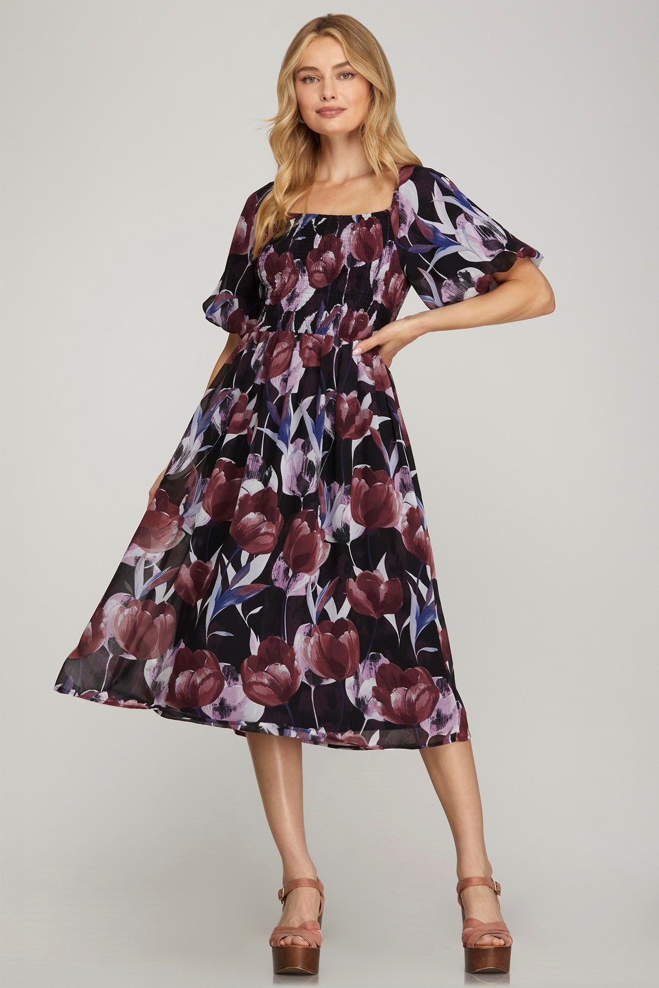 Sale Puff Sleeve Smocked Top Floral Print Midi Dress