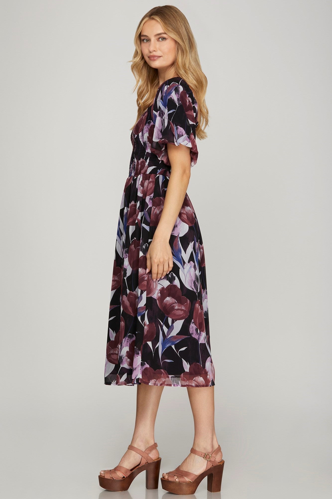 Sale Puff Sleeve Smocked Top Floral Print Midi Dress