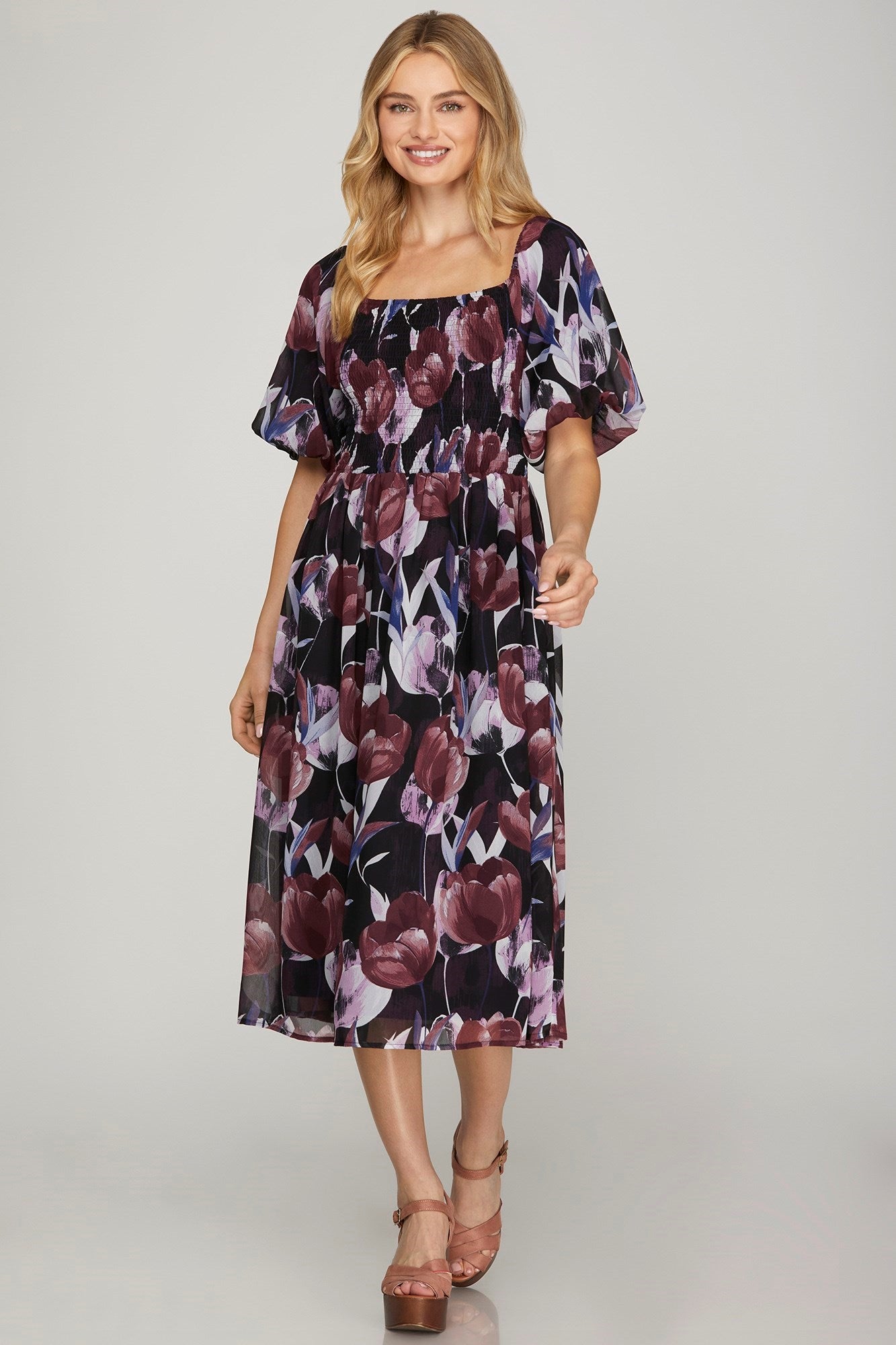 Sale Puff Sleeve Smocked Top Floral Print Midi Dress