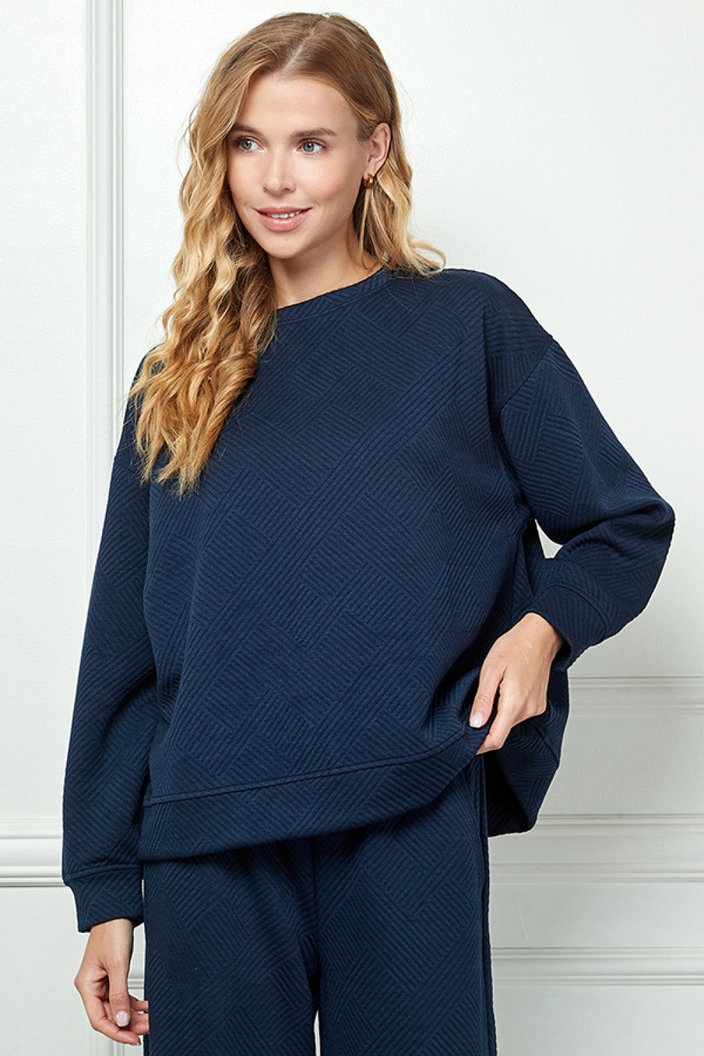 Sale Long Sleeve Textured Sweatshirt Navy