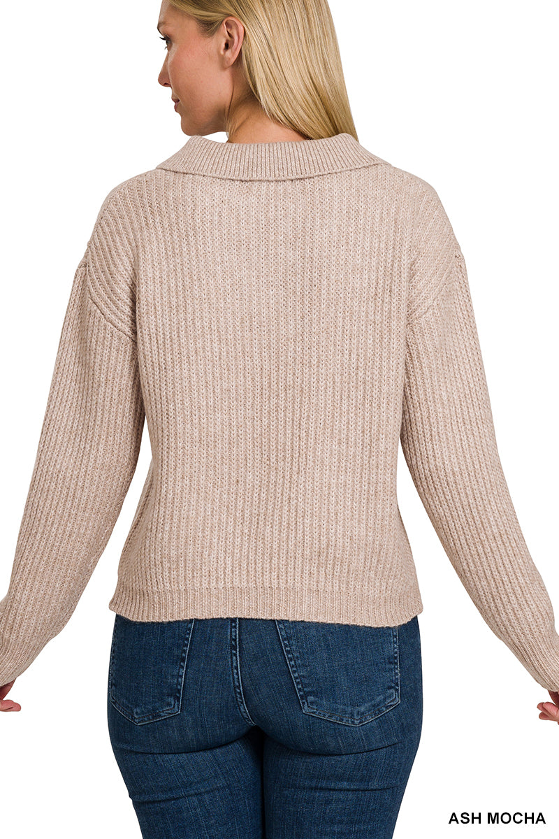 Final Sale Melange Collared V-Neck Long Sleeve Sweater Ocean Blue