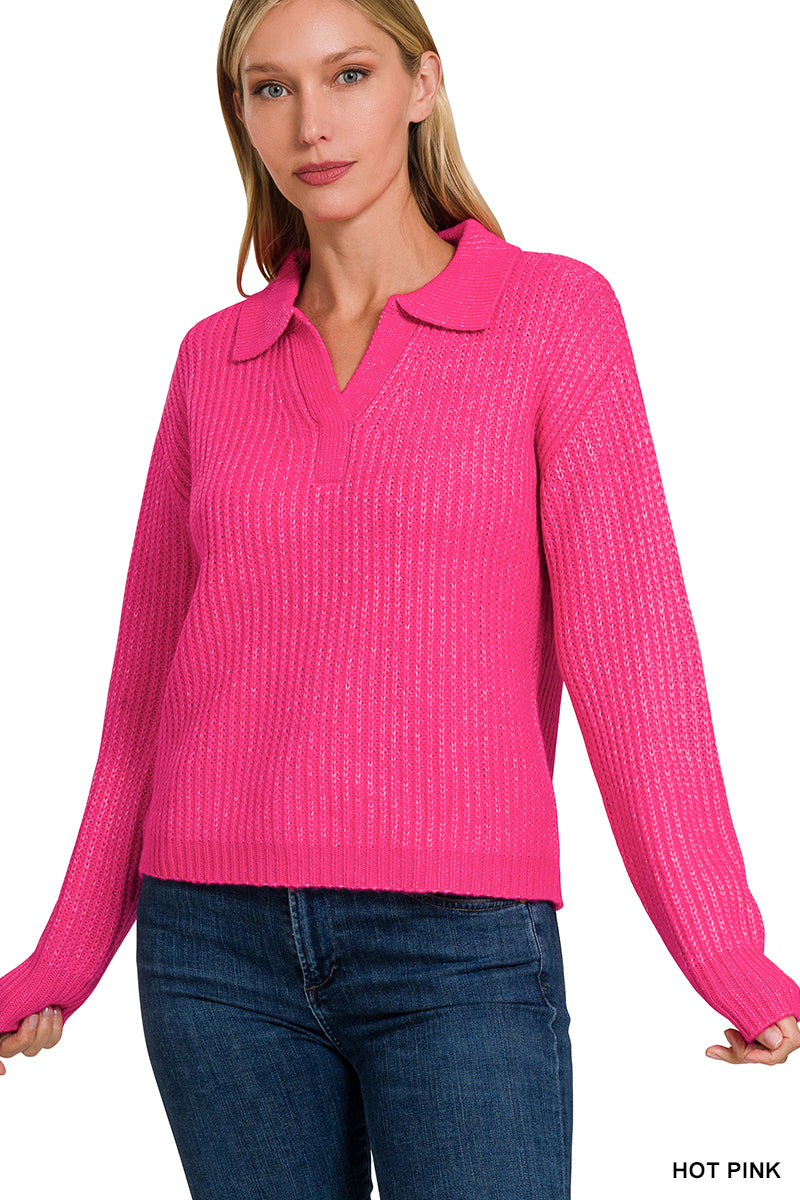 Final Sale Melange Collared V-Neck Long Sleeve Sweater Hot Pink