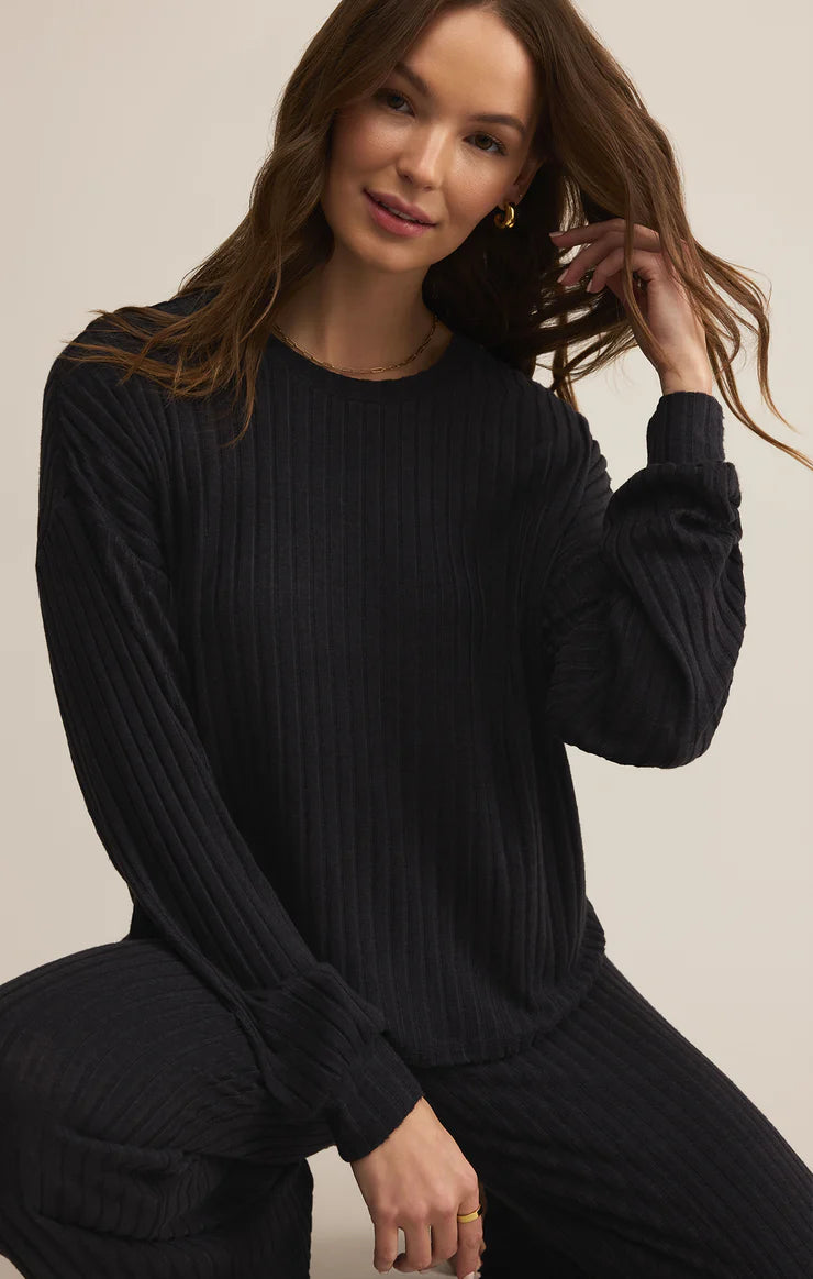 Daydream Rib Long Sleeve Top Black Sand