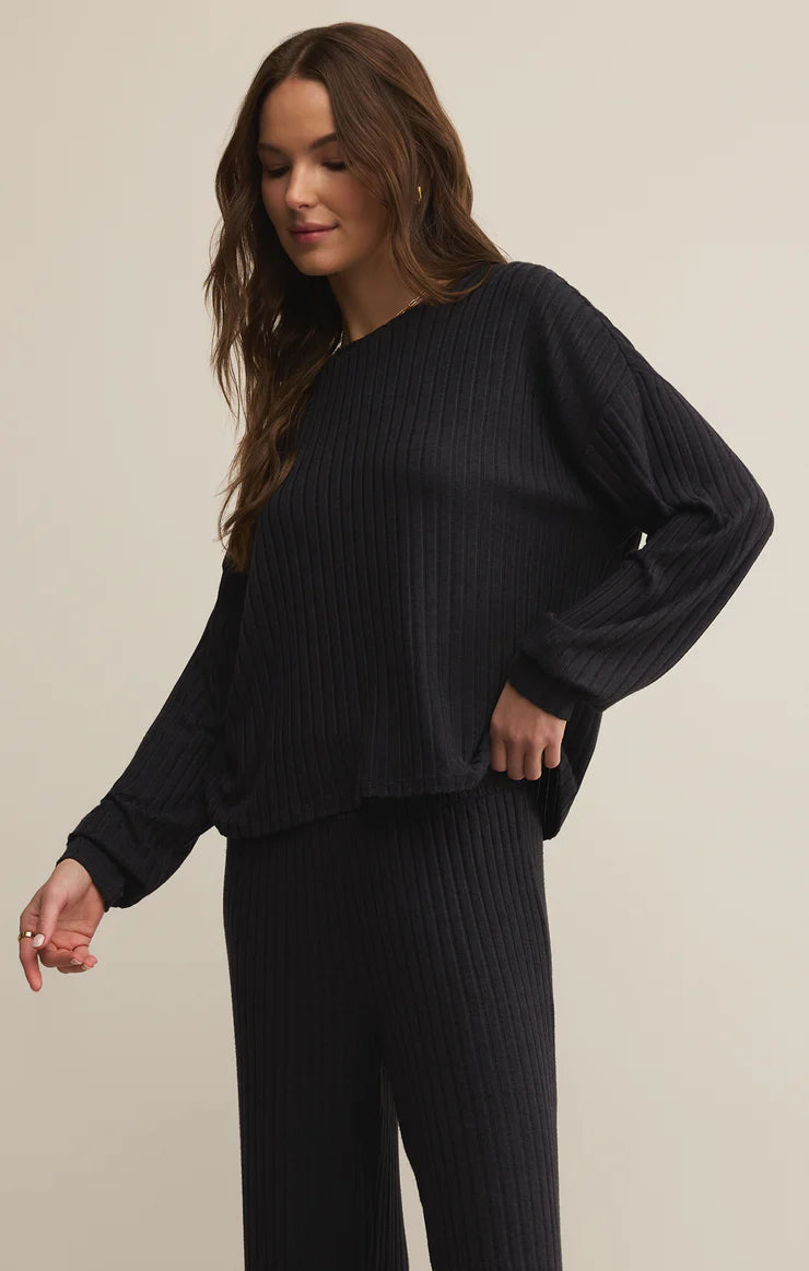 Daydream Rib Long Sleeve Top Black Sand