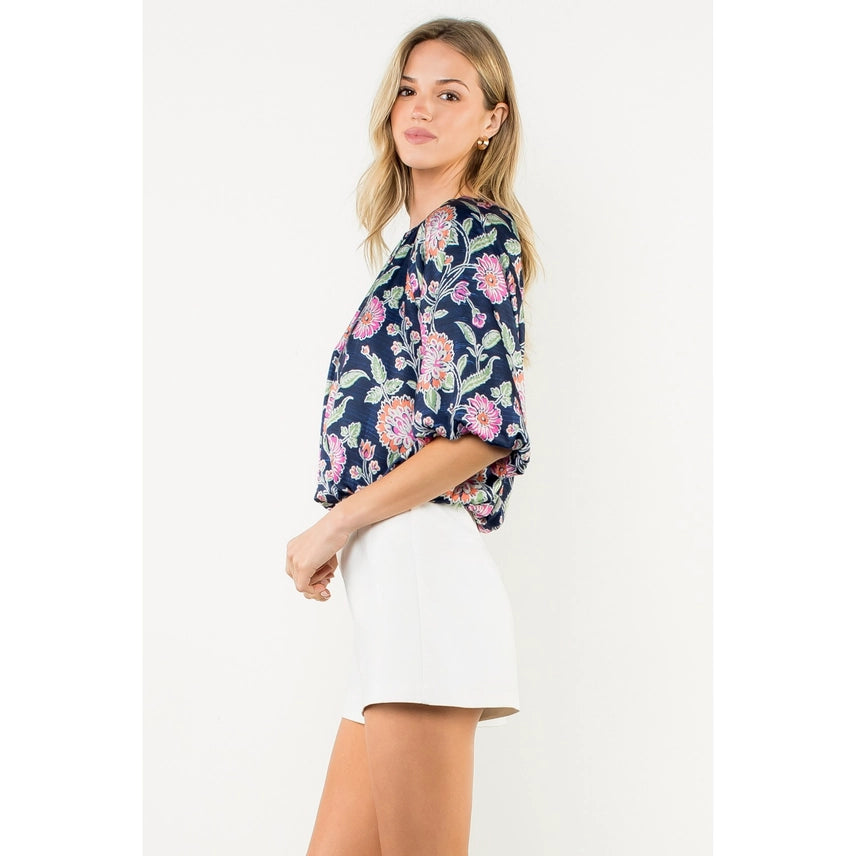 Half Sleeve Floral Print Top w/Elastic Waist Navy