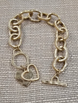 All That Glitz Jewelry - Bracelets Hammered Chain Link w/Double Heart Toggle Gold Bracelet