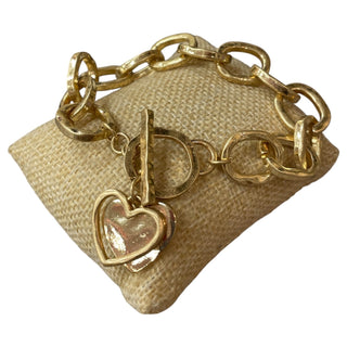 All That Glitz Jewelry - Bracelets Hammered Chain Link w/Double Heart Toggle Gold Bracelet