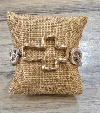 All That Glitz Jewelry - Bracelets Hammered Open Gold Cross Stretch Bracelet Two-Tone