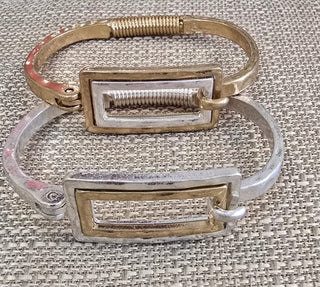 All That Glitz Jewelry - Bracelets Hammered Two Tone Rectangle Hinged Bracelet
