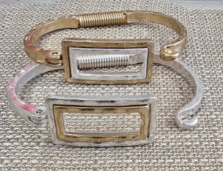 All That Glitz Jewelry - Bracelets Hammered Two Tone Rectangle Hinged Bracelet