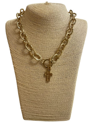 All That Glitz Jewelry - Necklaces Hammered Gold Link Necklace w/Cross Toggle