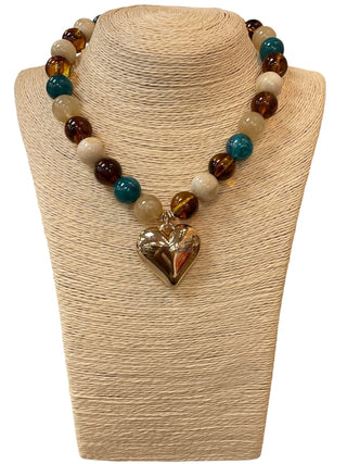 All That Glitz Jewelry - Necklaces Teal-Multi Colored Beaded Necklace w/Heart Charm