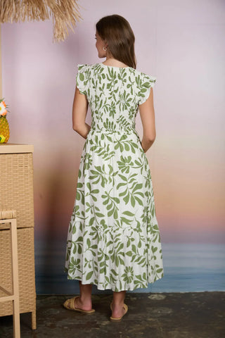 Blu Pepper Dresses Floral Leaf Print Smocked Midi Dress