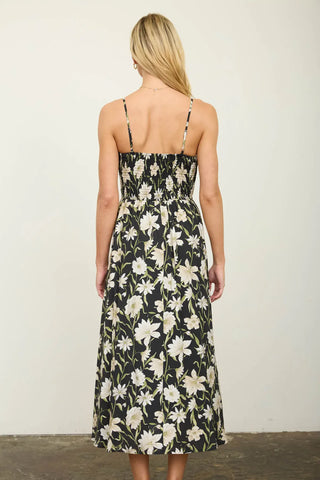 Blu Pepper Dresses Floral Smocked Spaghetti Strap Midi Sundress Black