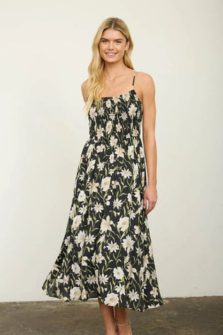 Blu Pepper Dresses Sm Floral Smocked Spaghetti Strap Midi Sundress Black