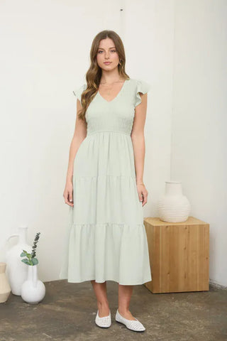 Blu Pepper Dresses Sm V-Neck Flutter Sleeve Smocked Bodice Dress