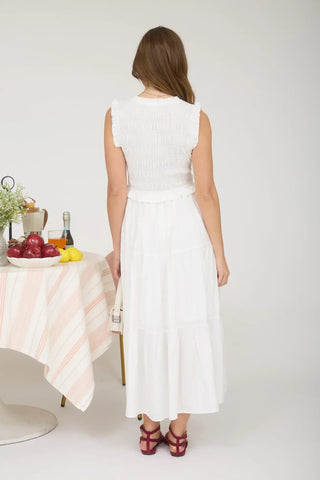 Blu Pepper Dresses Smocked Front Tie Ruffle Detail Tiered Midi Dress Off White