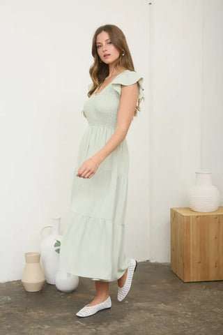 Blu Pepper Dresses V-Neck Flutter Sleeve Smocked Bodice Dress