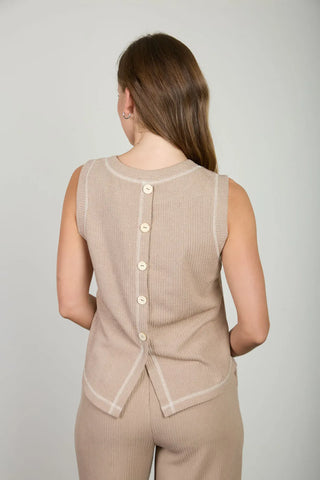 Blu Pepper Sets Back Button Detail Sleeveless Ribbed Top & Drawstring Lounge Set Mocha