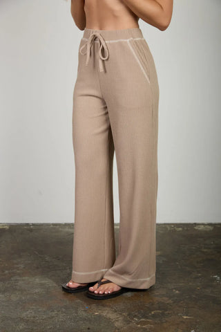 Blu Pepper Sets Back Button Detail Sleeveless Ribbed Top & Drawstring Lounge Set Mocha