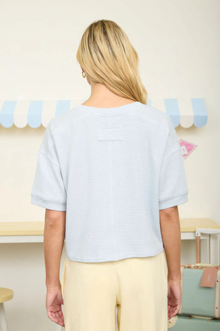 Blu Pepper Tops - Blouse Textured Knit Button Down Short Sleeve Cardigan Light Blue