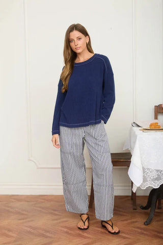 Blu Pepper Tops - Pullover Crew Neck Ribbed Long Sleeve Knit Top