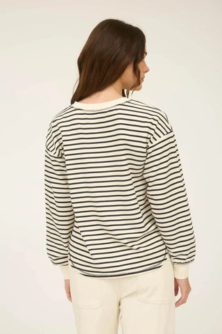 Blu Pepper Tops - Pullover Stripe Henley Snap Button Long Sleeve Top Black