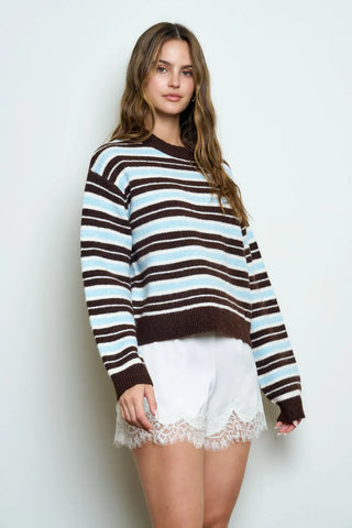 Blu Pepper Tops - Sweaters Multi Color Striped Crew Neck Sweater