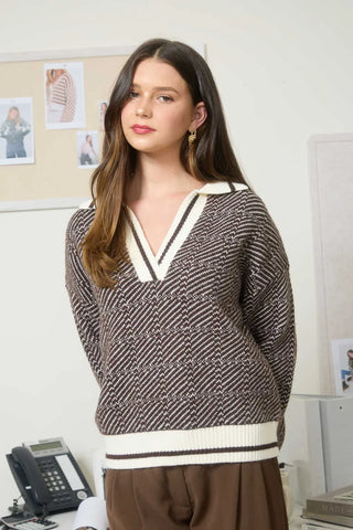 Blu Pepper Tops - Sweaters Sale Geometric Stripe Pattern Collared Sweater