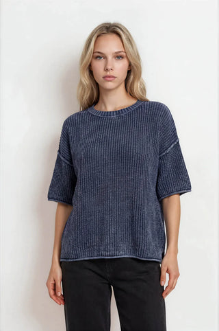 Blu Pepper Tops - Sweaters Sm Washed Crew Neck Raw Edge Short Sleeve Sweater Navy