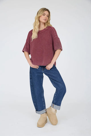 Blu Pepper Tops - Sweaters Washed Crew Neck Raw Edge Short Sleeve Sweater Burgundy