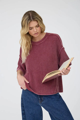 Blu Pepper Tops - Sweaters Washed Crew Neck Raw Edge Short Sleeve Sweater Burgundy