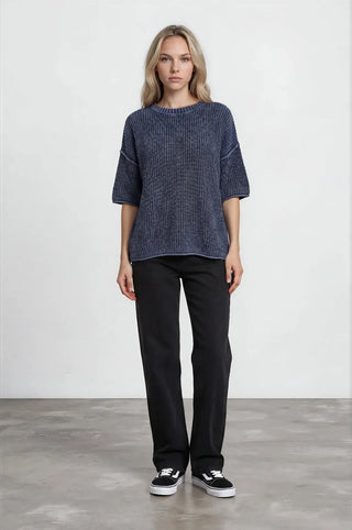 Blu Pepper Tops - Sweaters Washed Crew Neck Raw Edge Short Sleeve Sweater Navy