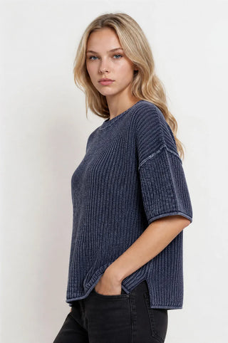 Blu Pepper Tops - Sweaters Washed Crew Neck Raw Edge Short Sleeve Sweater Navy
