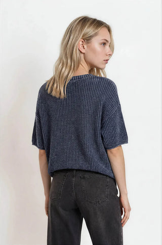 Blu Pepper Tops - Sweaters Washed Crew Neck Raw Edge Short Sleeve Sweater Navy