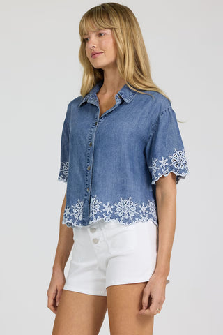 Dear John Tops - Blouse Ansel Short Sleeve Button Up Embroidered Top