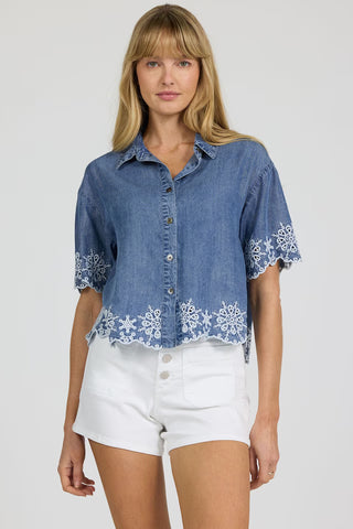 Dear John Tops - Blouse Xsm Ansel Short Sleeve Button Up Embroidered Top