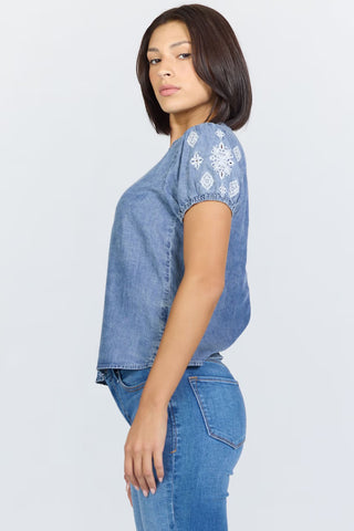 Dear John Tops - Blouse Xsm Chaya V-Neck Short Sleeve Top Blue Steel