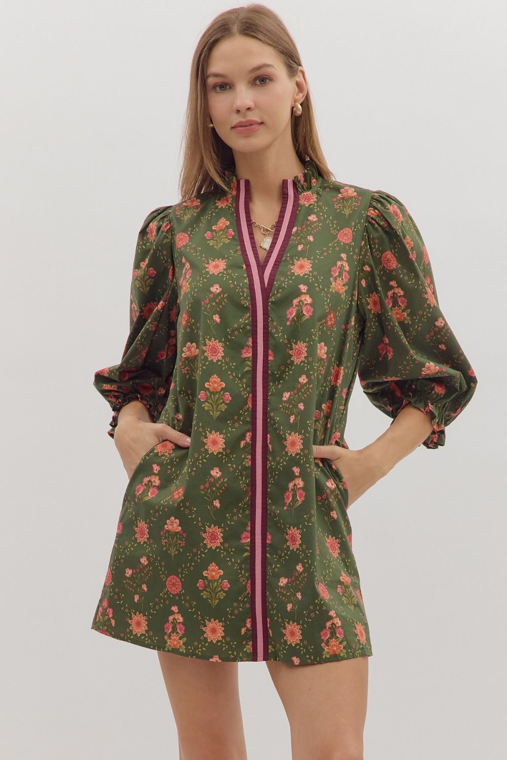Sale Floral Print 3/4 Sleeve Dress w/Contrast Trim