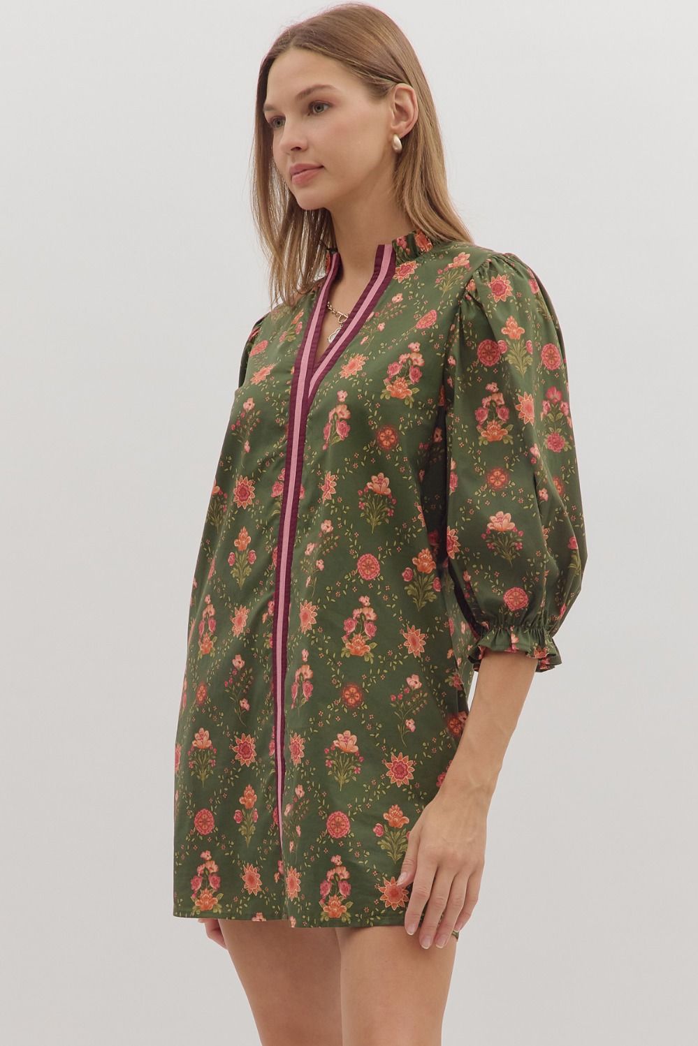 Sale Floral Print 3/4 Sleeve Dress w/Contrast Trim