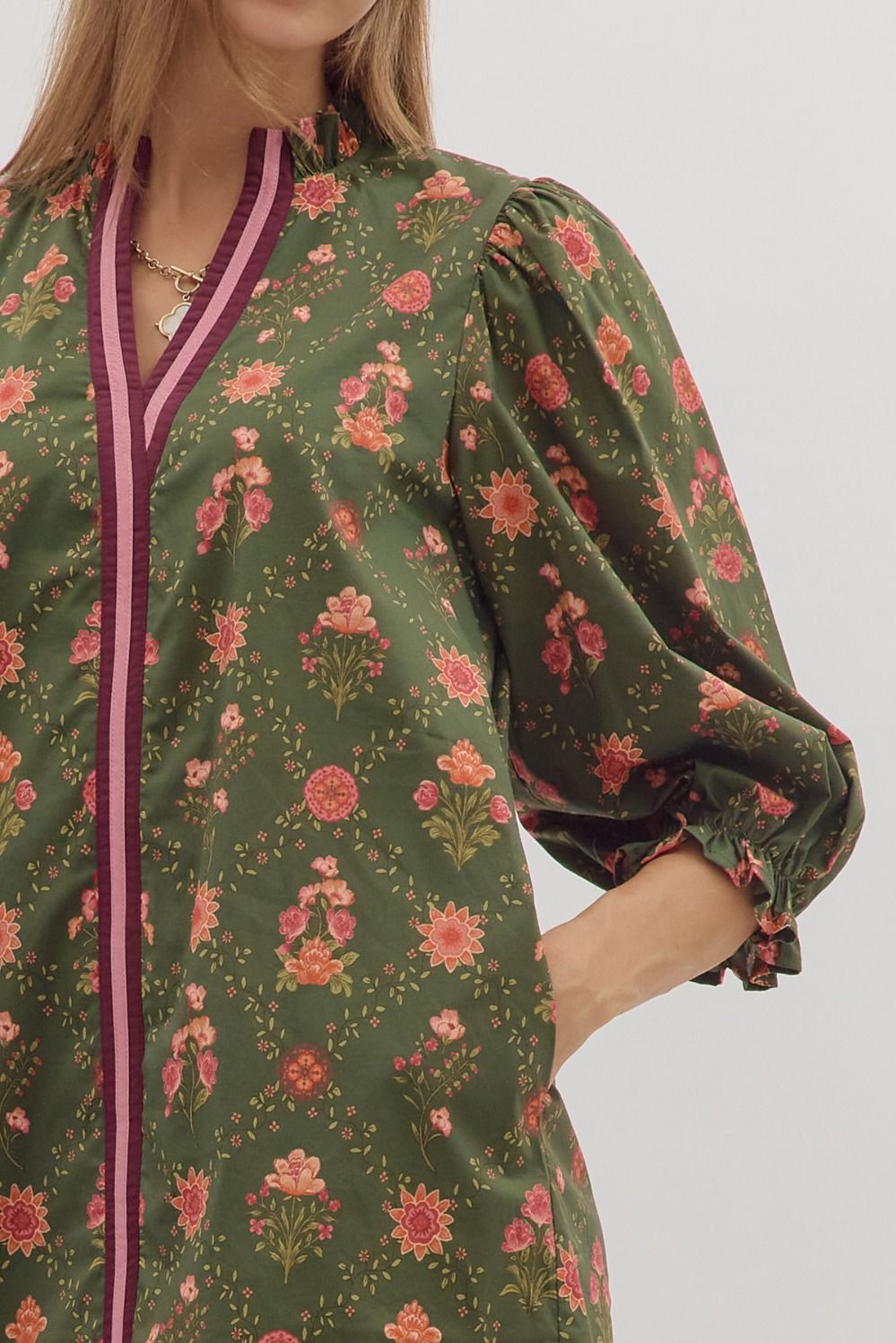 Sale Floral Print 3/4 Sleeve Dress w/Contrast Trim