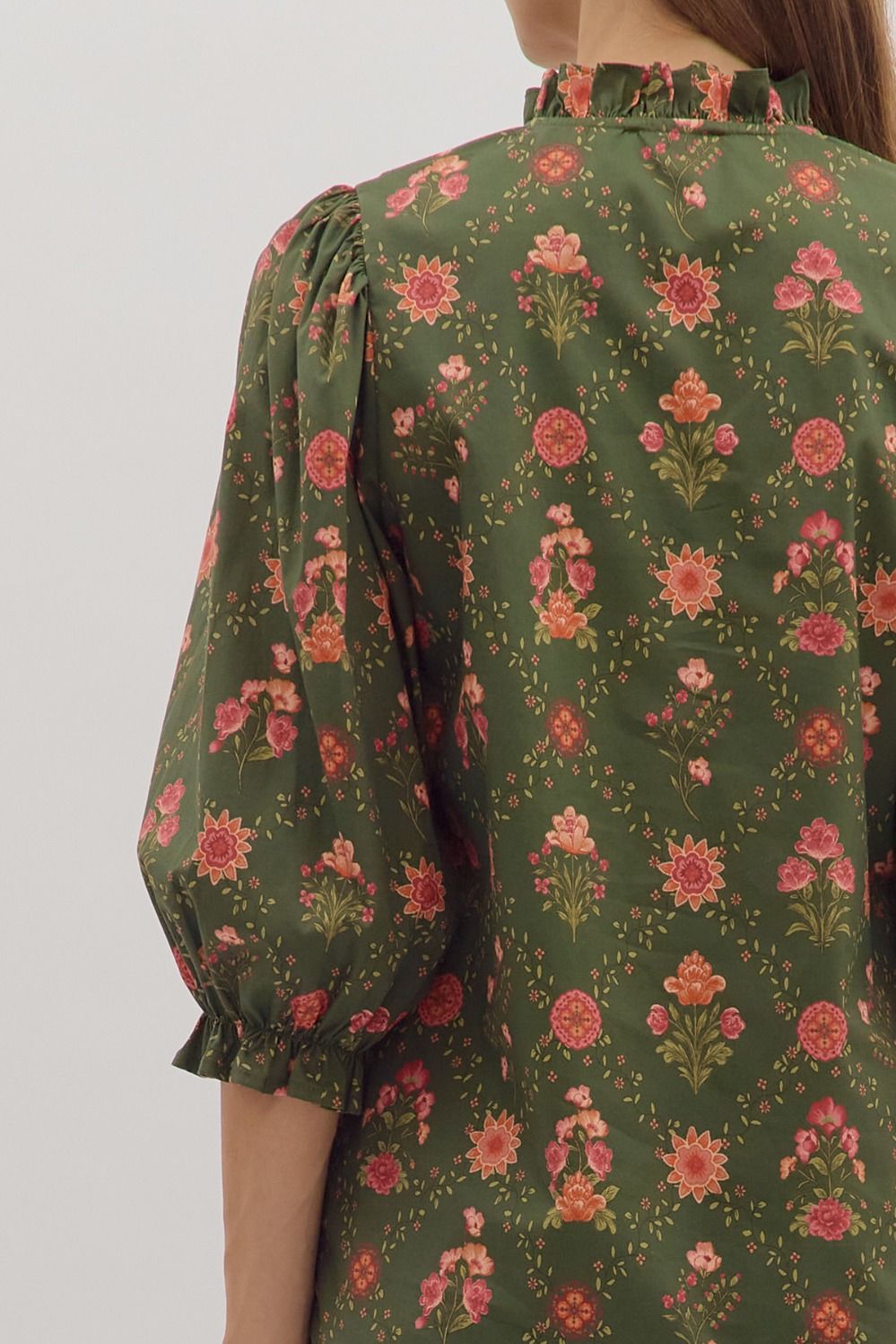 Sale Floral Print 3/4 Sleeve Dress w/Contrast Trim